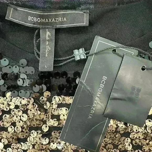 BCBGMAXAZRIA NWT Marta Black Gold Dress Size L Allover Sequin Striped Sheath - Picture 3 of 11